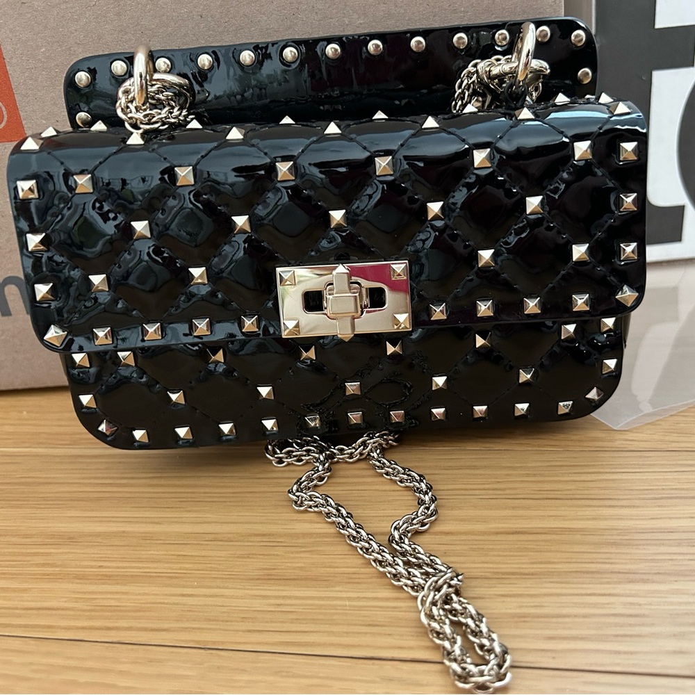 Valentino garavani rockstud spike bag black patent leather size small